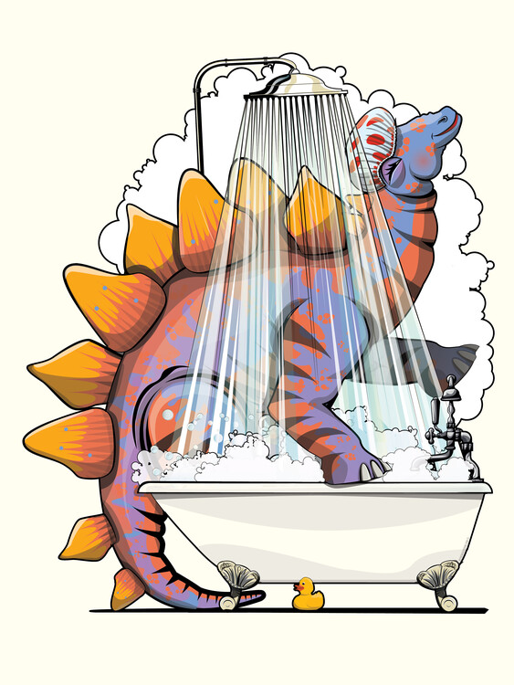 Ilustrace Dinosaur Stegosaurus in the Shower, funny bathroom humour