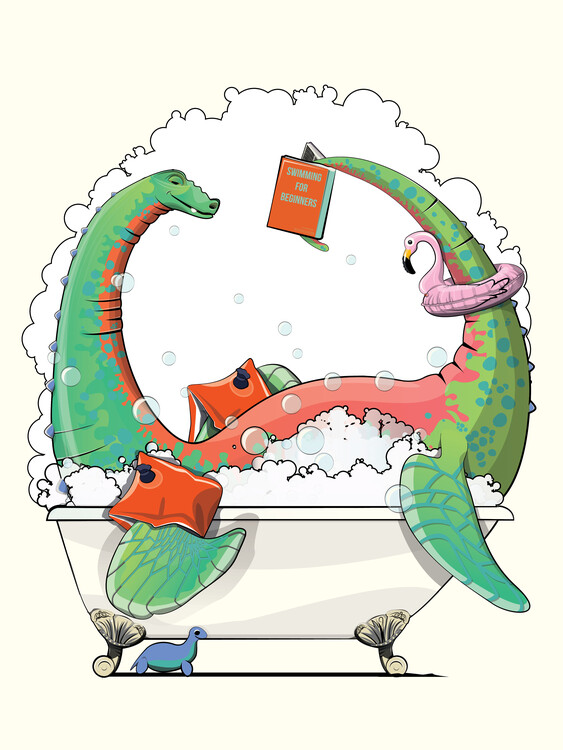 Illustration Dinosaur Plesiosaurus in the Bath, funny bathroom humour