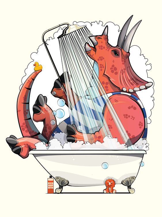 Illustration Dinosaur Triceratops in the Shower, funny bathroom humour