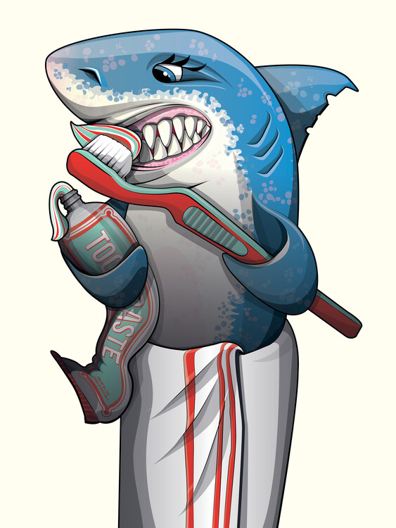 Illustration Great White Shark Brushing Teeth