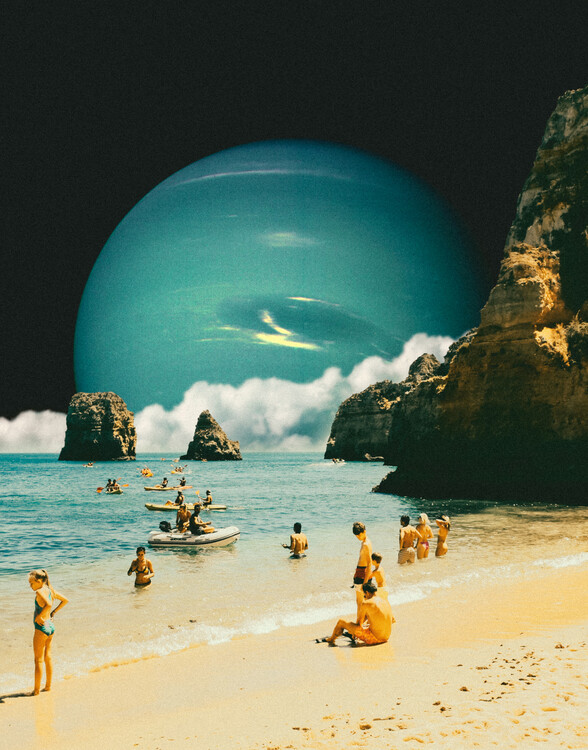 Obraz na plátně Space Beach - Retro-Futuristic Collage Beach Art Design