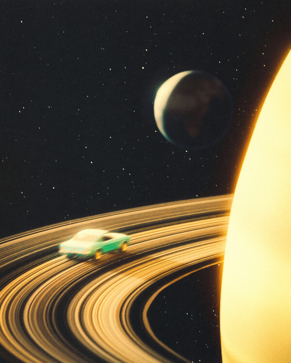 Ilustratie Saturn Highway - Vintage Retro-Futuristic Collage Space Art