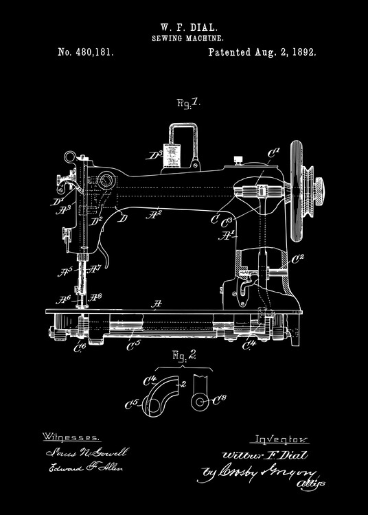 Ilustracija 1892 Vintage Sewing Machine Patent Art