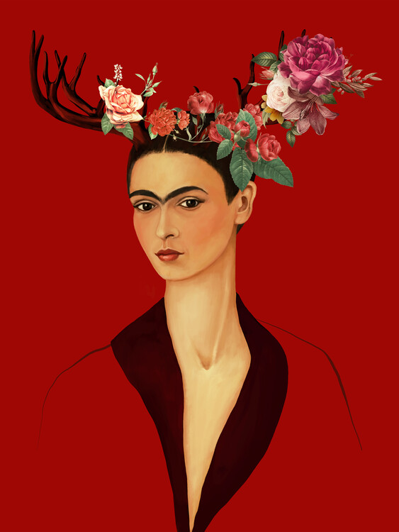 Illustration Mexican woman with antlers and flowers