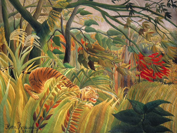 Umelecká tlač Tiger in a Tropical Storn (Rainforest Landscape) - Henri Rousseau