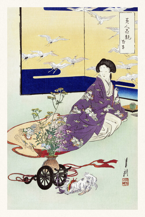 Reprodução do quadro The Puppy & The Plant Cart (Vintage Japandi) - Ogata Gekko