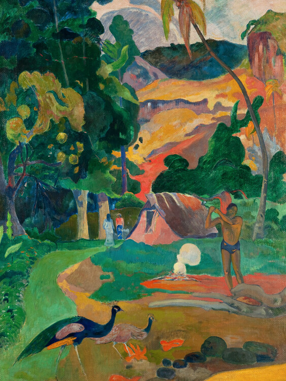 Tela Landscape with Peacocks (Vintage Tahitian Landscape) - Paul Gauguin