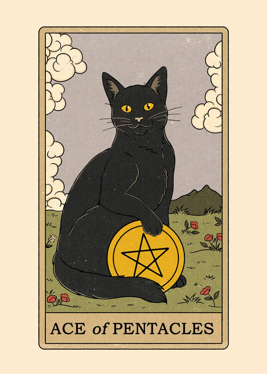 Illustration Vintage Tarot Black Cat ACE of PENTACLES