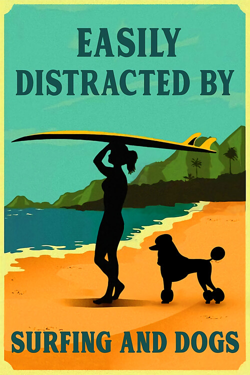 Canvas Print Vintage Easily Distracted Surfing Girl Poodle Vertical Poster