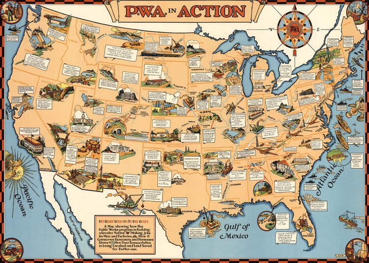 Harta PWA Rebuilds The Nation - Public Works Administration - 1939 - USA Pictorial Map Poster