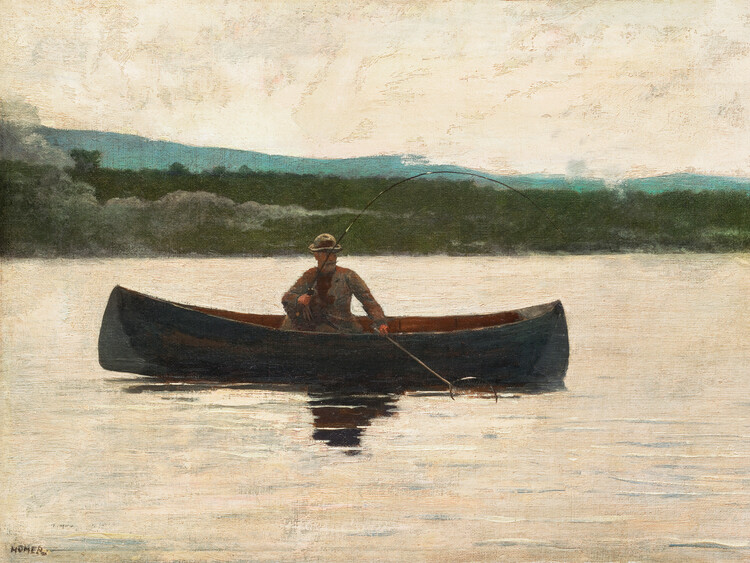 Ilustracja Playing a Fish (Old Fisherman on the Lake) - Winslow Homer