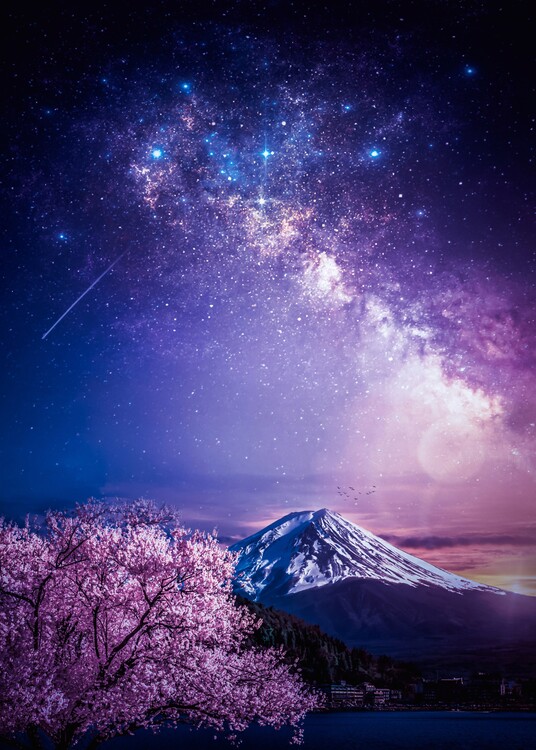 Umělecká fotografie Mount Fuji Purple Milky Way