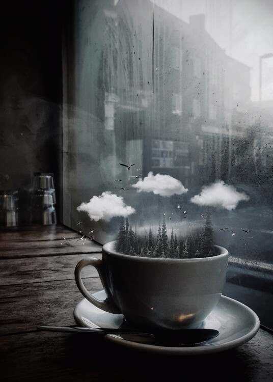 Art Poster Forest Cup and White Clouds