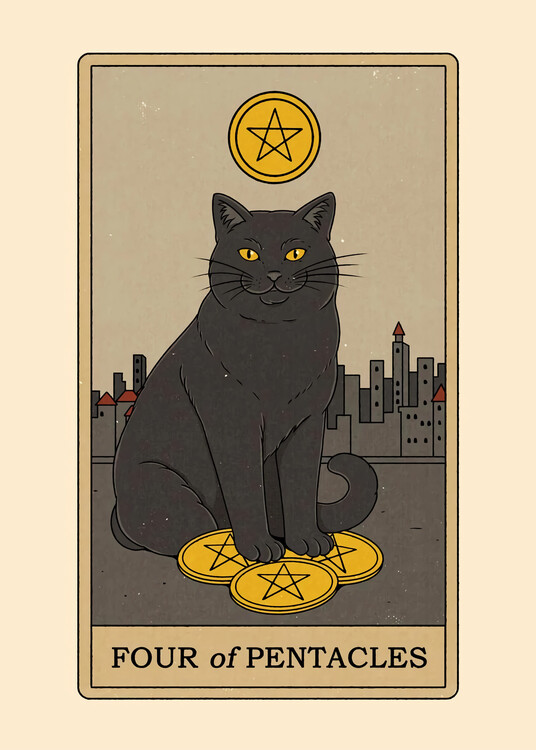 Illustration Vintage Tarot Cat Four of Pentacles