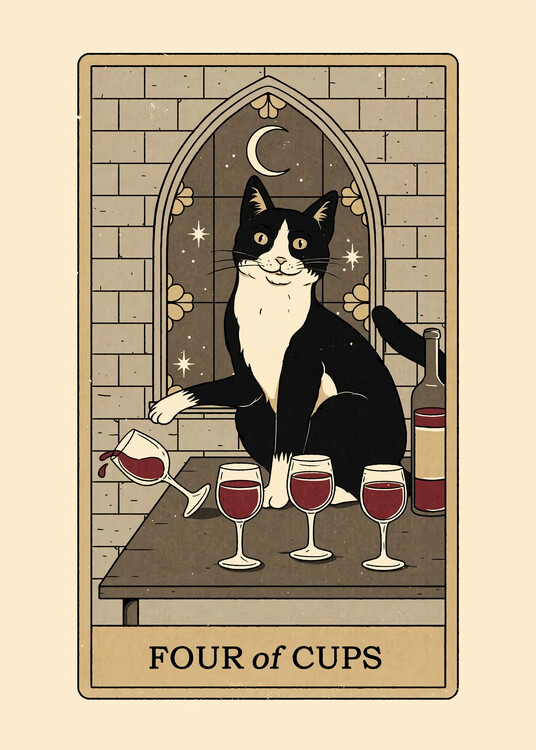 Illustration Vintage Tarot Cat Four of Cups