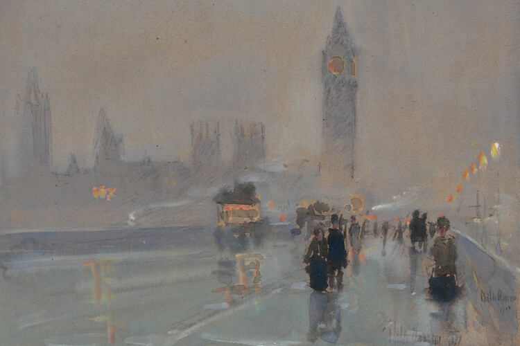 Ilustrace Big Ben (Traditional Vintage London Cityscape Drawing) - Frederick Childe Hassam