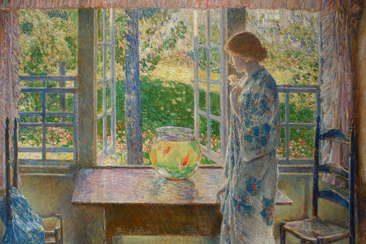 Konsttryck The Goldfish Window (Traditional Vintage Female Portrait of a Ginger Girl & A Gold fish Bowl) - Frederick Childe Hassam