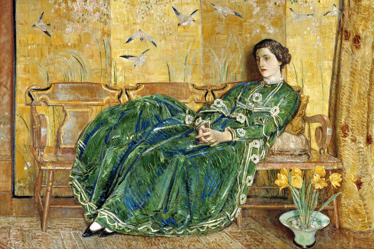 Konsttryck April (The Green Gown) Vintage Female Portrait of a Girl in an Emerald Green Dress- Frederick Childe Hassam