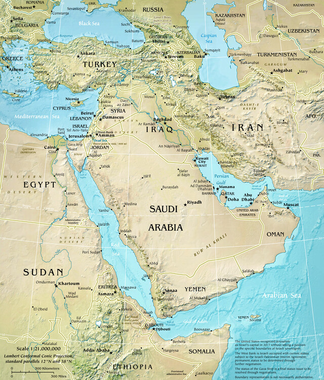 Kartta Physical Middle East Map ǀ Kaikki kaupunkikartat ja maailmankartat  seinälle