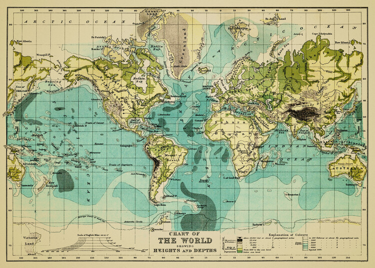 Mapa Vintage map: Chart of the world showing height and depth
