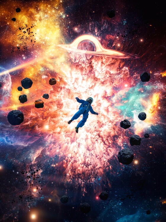 Umetniška fotografija Space  Explosion Astronaut, Black Hole and Asteroids