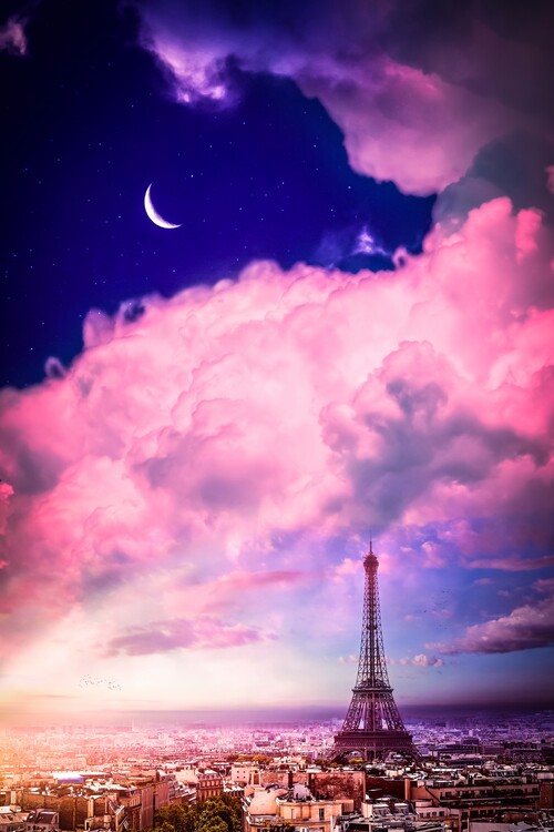 Umělecký tisk Paris Eiffel Tower, pink clouds and crescent moon