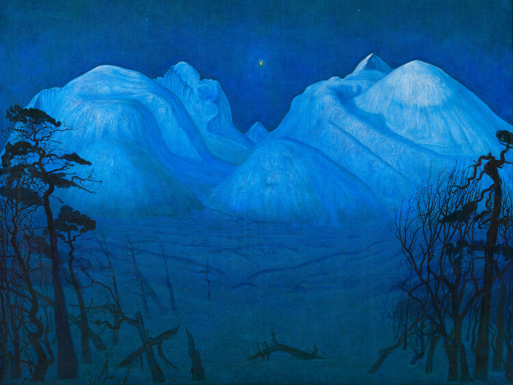 Reprodução do quadro Winter Night in the Mountains (Festive / Christmas / Magical / Celestial Landscape) - Harald Sohlberg