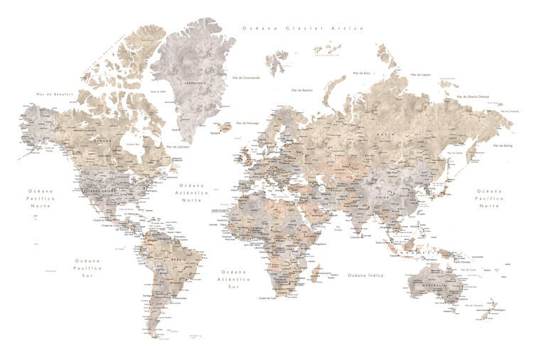 Mapa Mapamundi con etiquetas en español Abey