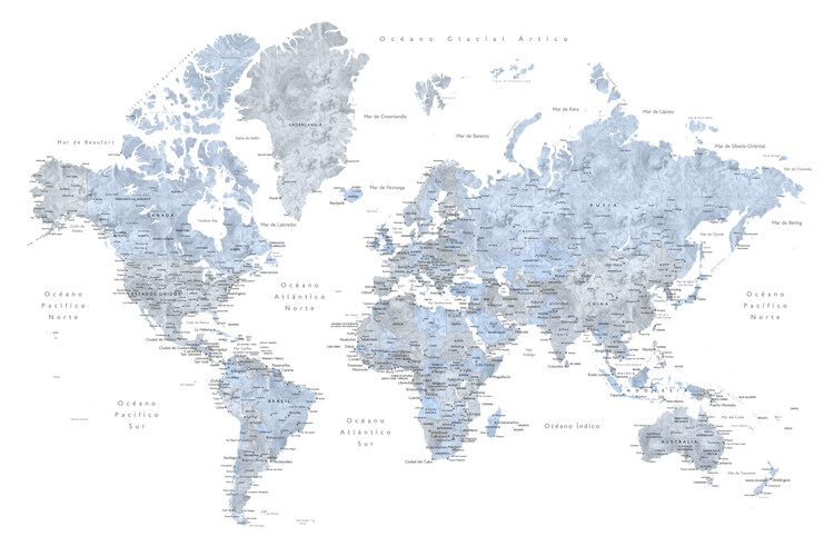Map Mapamundi con etiquetas en español azul y gris