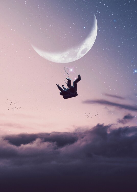 Umjetnička fotografija Crescent moon watching an astronaut fall into the clouds