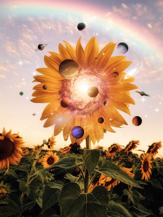 Art Photography Sunflower, rainbow and solar system planets