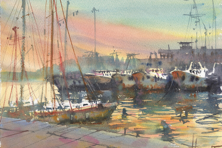 Kuva Yachts in the port. Watercolor