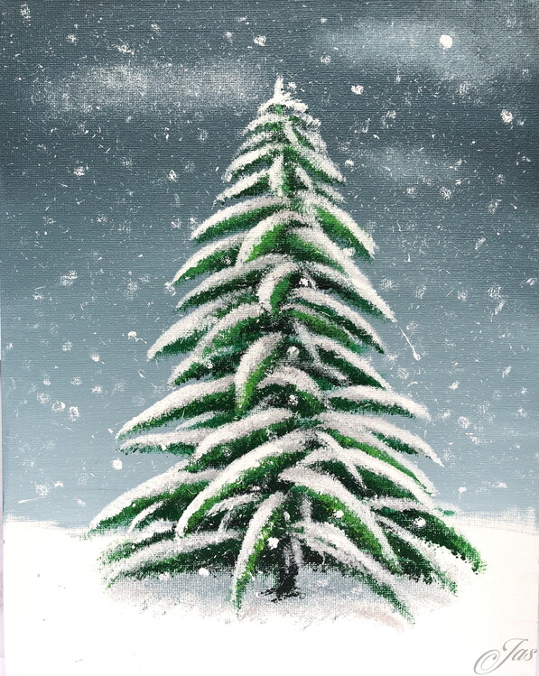 Illustration A Pine Tree Covered in Snow - Landscape Painting