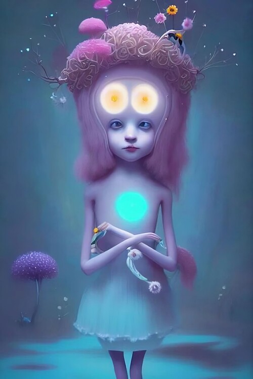 Illustration A surreal Bioluminescent very cute daisy in a happy world.