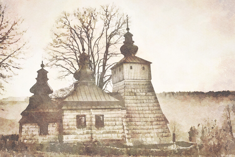 Illustration Digital watercolor painting canvas - old wooden Church in Dubne, Poland.