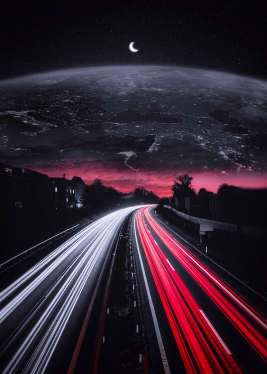 Valokuvataide Traffic road to sky earth and mini crescent moon