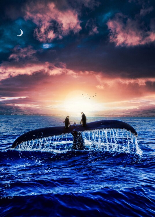 Art Photography Journey of two penguins on the tail of a blue whale