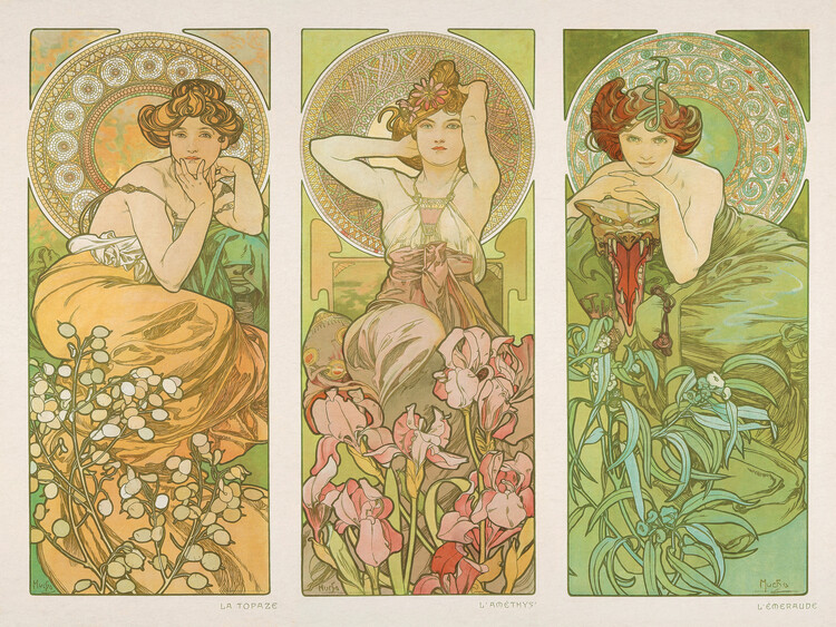 Artă imprimată Topaz, Amethyst & Emerald (Three Beautiful Art Nouveau Ladies) - Alphonse / Alfons Mucha