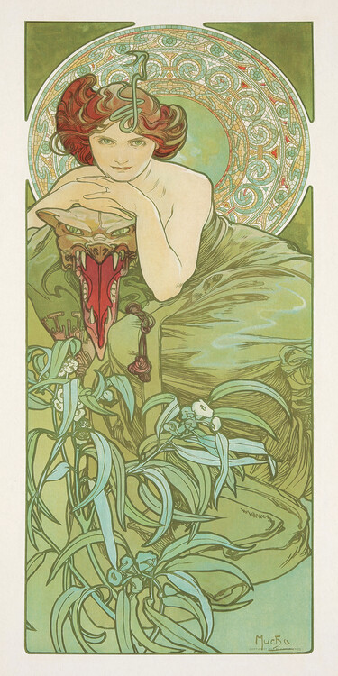 Obrazová reprodukce Emerald from The Precious Stones Series (Beautiful Distressed Art Nouveau Lady) - Alphonse / Alfons Mucha, 20x40 cm