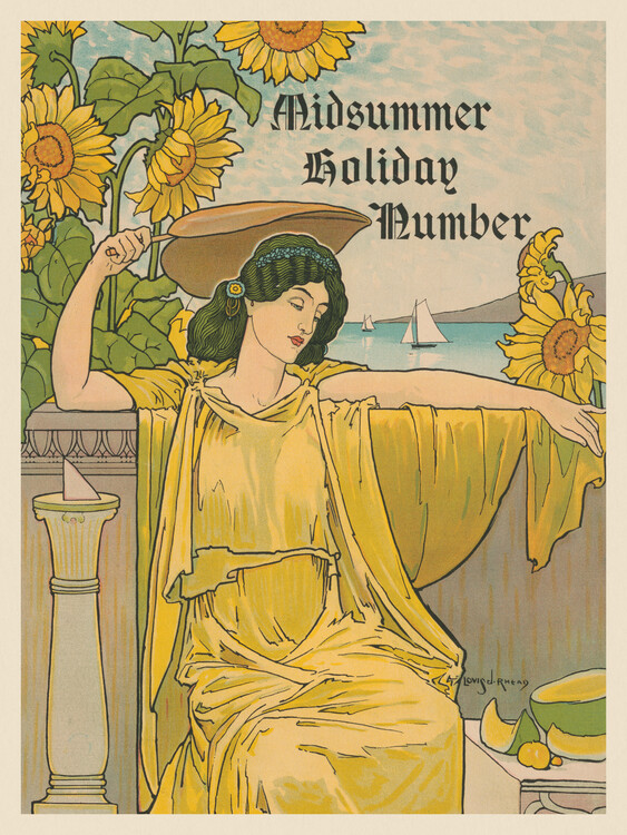 Fine Art Print The Century, Midsummer Holiday Number (Vintage Ad with Dark Haired Lady & Sunflowers Beside the Sea) - Louis Rhead