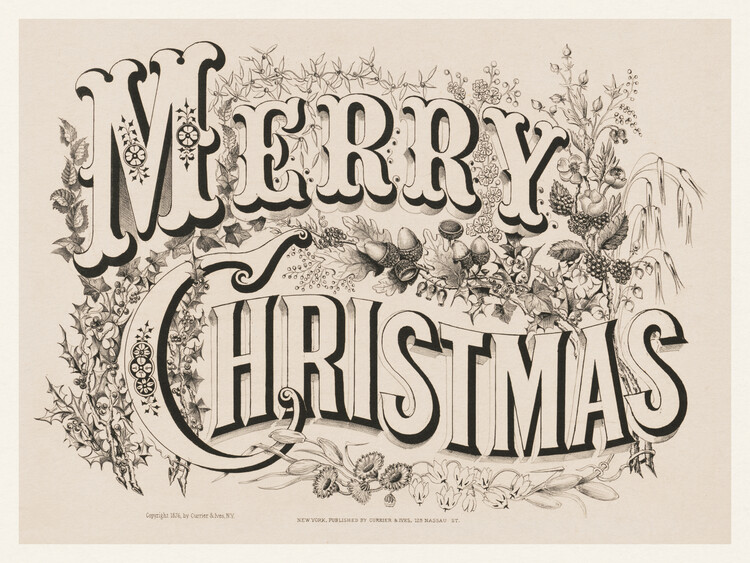 Illustration Merry Christmas (Rustic Farmhouse Vintage Lithograph) - Retro Home Sign