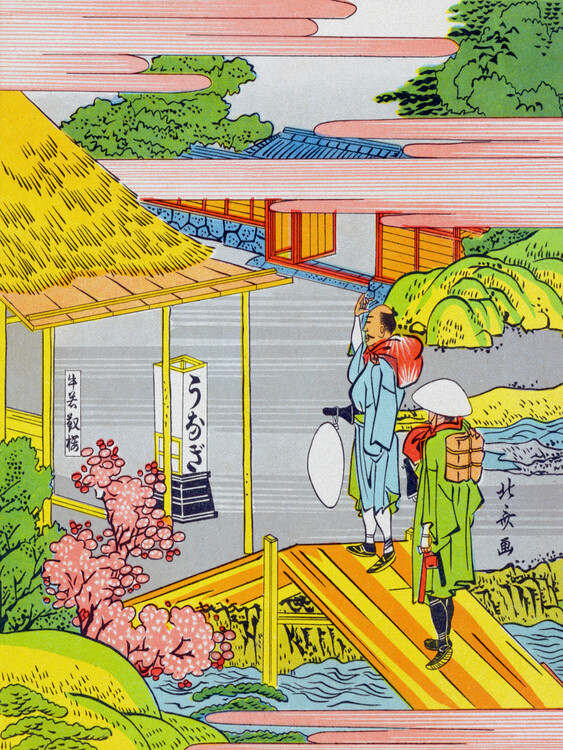 Billede på lærred Ishiyakushi-juku / Japanese Samurai on the Bridge (Pink & Green Japandi) - Katsushika Hokusai