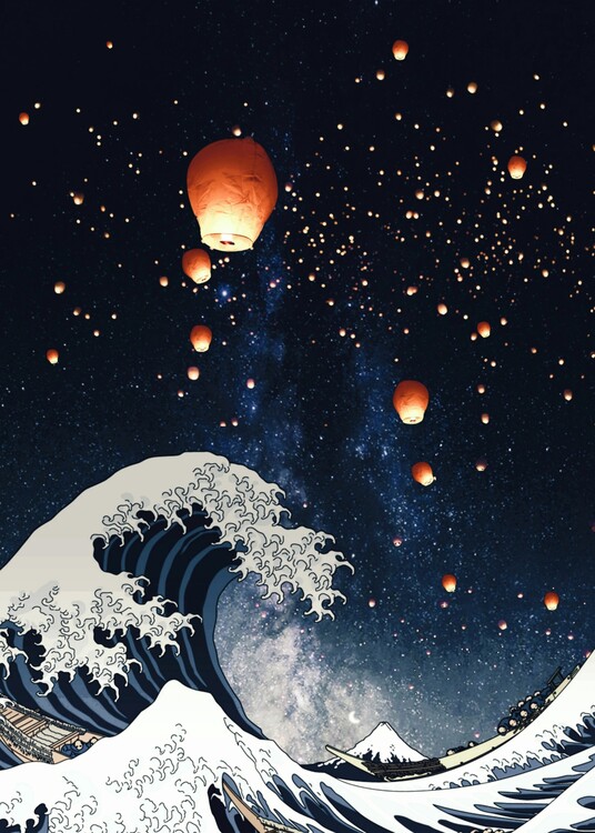 Művészi plakát Mount Fuji, The Big Wave and japanese lanterns