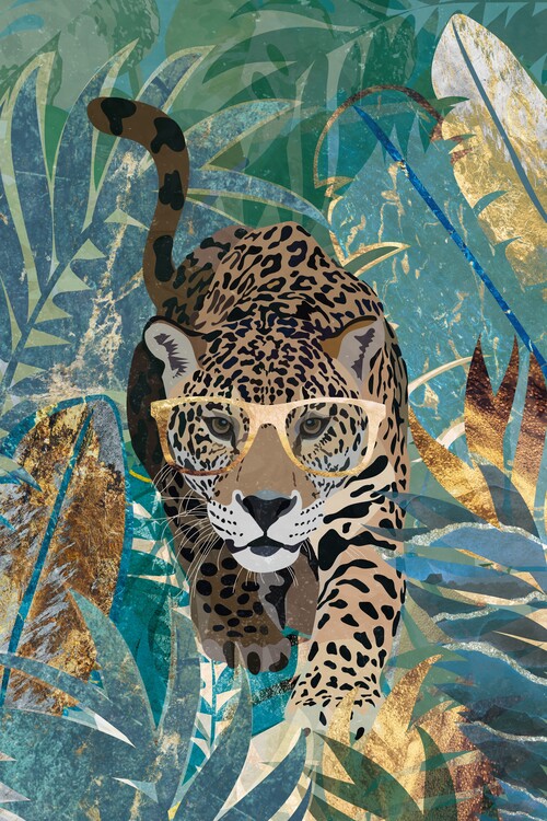 Ilustrare Curious Jaguar in the gold and green jungle