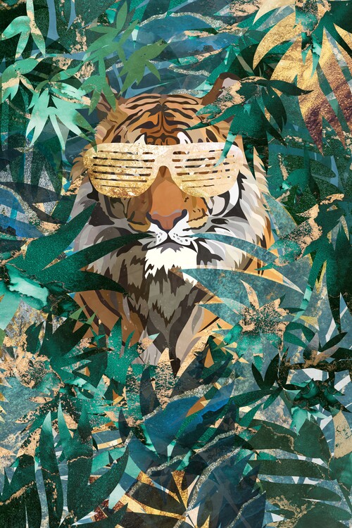 Illustration Hip hop tiger in the gold and green jungle