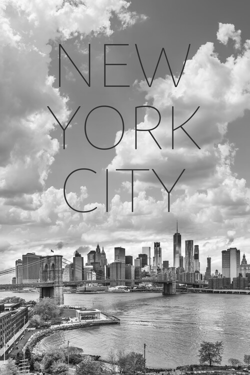 Umělecká fotografie NYC Lower Manhattan & Brooklyn Bridge | Text & Skyline