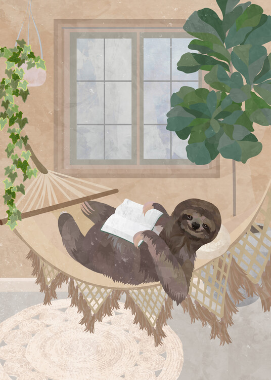 Illustration Sloth Relaxing in a boho hammock