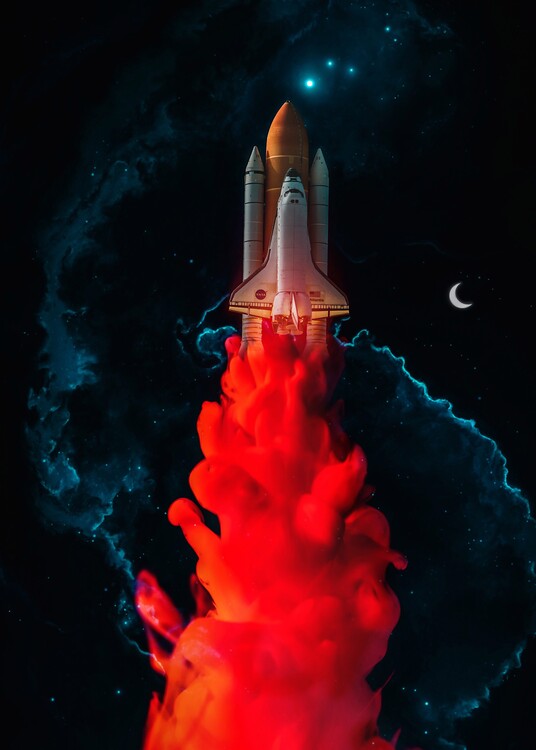 Art Photography Red Ink Rocket Takeoff in blue clouds