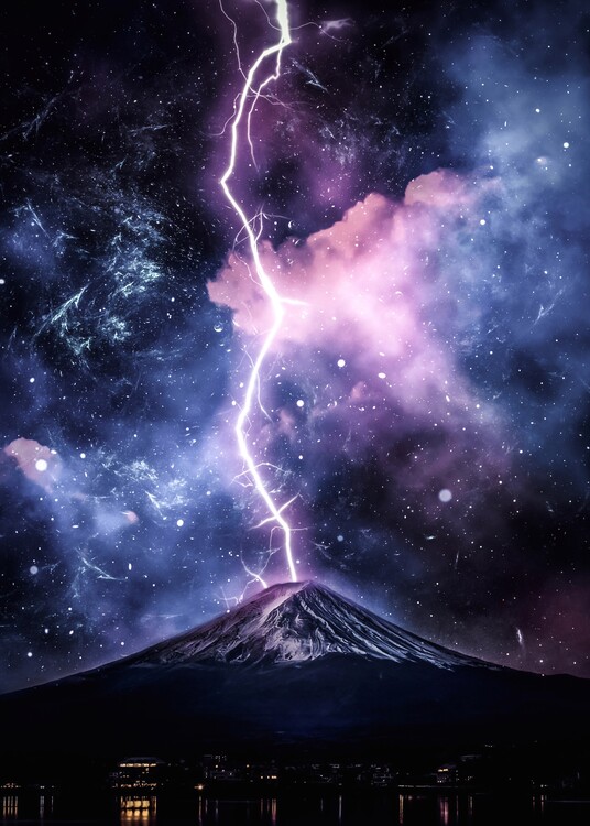 Art Photography Mount Fuji Thunderbolt and cloudy space sky