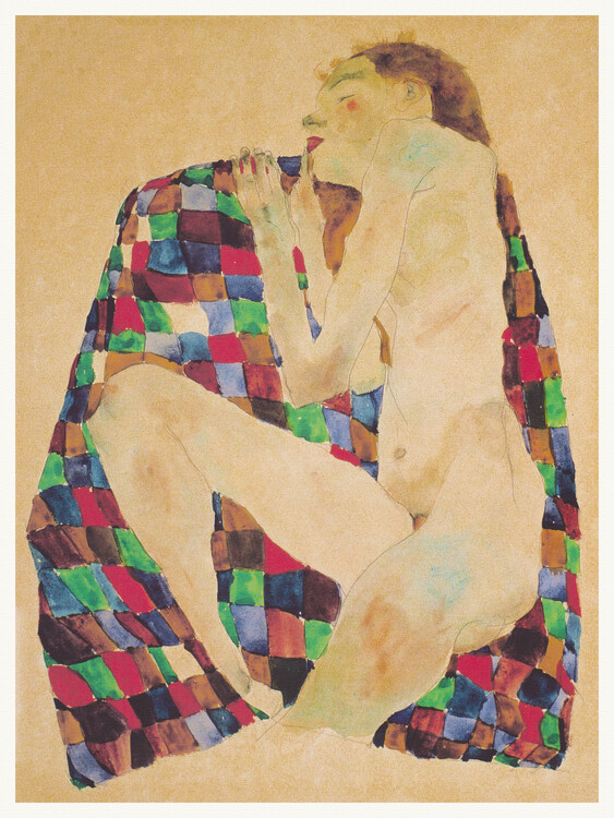 Ilustrácia Girl on a Check Blanket (Female Nude Portrait) - Egon Sciele